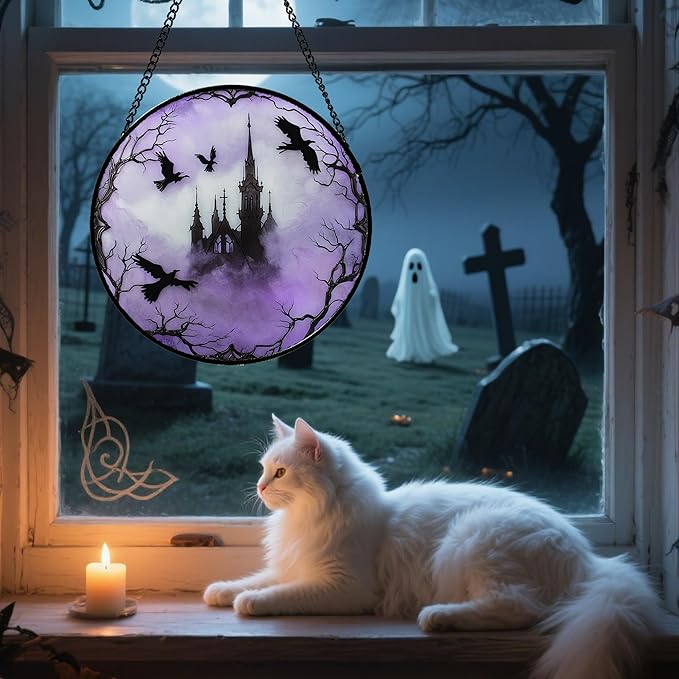 Stained Glass Window Hanging - Halloween Gothic Castle Purple Smoke Suncatcher for Doors Garden Home Spooky Crow Sun Catchers Gothic Decor Horror Gift for Women Men Friend Boy Girl 11.8 in