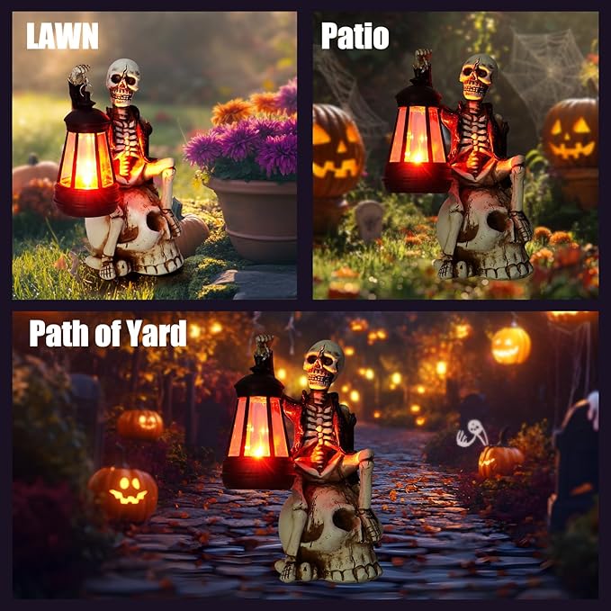 2025 Solar Halloween Decorations Outdoor,Skeleton Figurine Halloween Table Decoration for Outdoor,Skull Statue with Red LED Lantern,Skull Decor for Patio Lawn Yard Balcony Garden Home