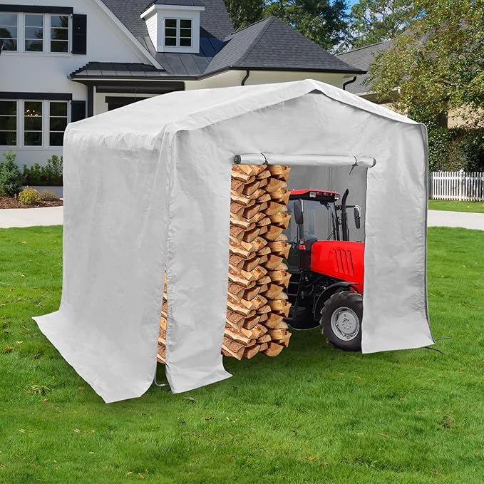 8x8x8 FT Outdoor Storage Shelter Carport, Portable Storage Tent with Roll-up Door, Waterproof Outdoor Carport for Bike, Lawn Mower, ATV Storage (Grey)