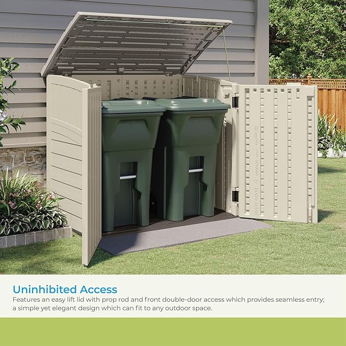 Suncast 34 Cu Ft Capacity Horizontal Outdoor Storage Shed for Garbage Cans, Garden Accessories, Backyard, and Patio Use, Vanilla