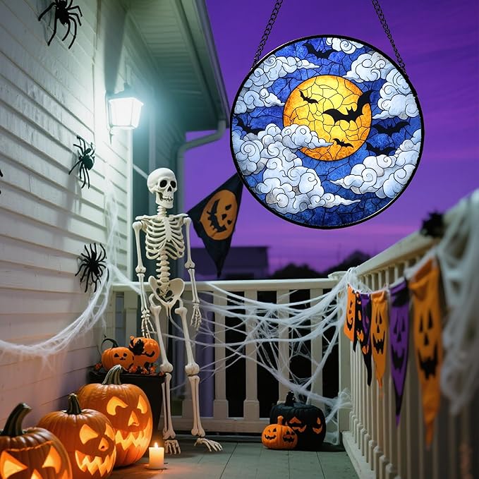 Stained Glass Window Hanging - Halloween Decorations Bats Moon Clouds Suncatcher for Doors Garden Indoor Spooky Funny Sun Catchers Gothic Decor Horror Gifts for Women Men Friend 15 in