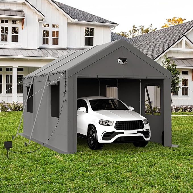 10x20 Carport, Heavy Duty Carport Canopy Garage with Removable Sidewalls and Drive Through Roll Up Zipper Doors, Grey