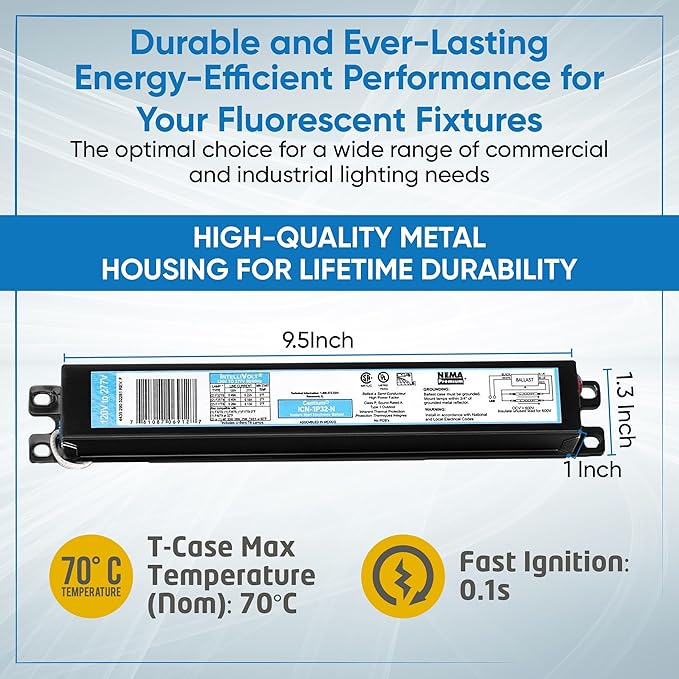 ICN1P32N, 120-277V, 50-60Hz Input Frequency, Solid Wire Type, Instant Start Centium Electronic Fluorescent Ballast for 1 F32T8 Lamp Type, Indoor/Outdoor Use with Automatic Restart Ballast Box, 10 Pack
