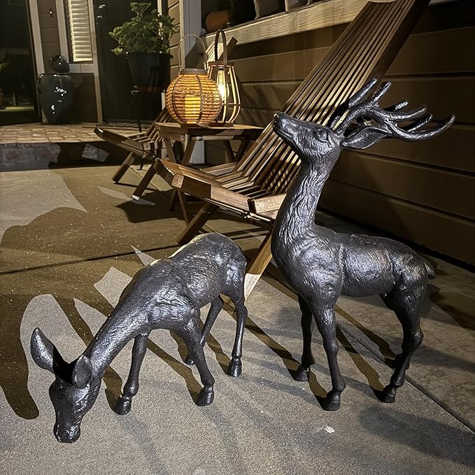 Elegant Pair of Cast Iron Deer Sculptures -22" and 11.4" Tall Male and Female Set for Outdoor Garden Decor, Realistic Animal Statues HC3672-5691