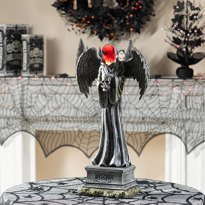 Glitzhome Halloween Porch Decorations, Lighted Halloween Front Porch Standing Sign Decor with Timer, Resin Grim Reaper Sign for Indoor Patio Party, 24" H