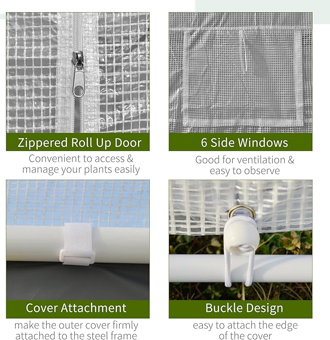 Outsunny 20' x 10' x 9' Walk-in Greenhouse, Outdoor Gardening Canopy with 6 Roll-up Windows, 2 Zippered Doors & Weather Cover, White