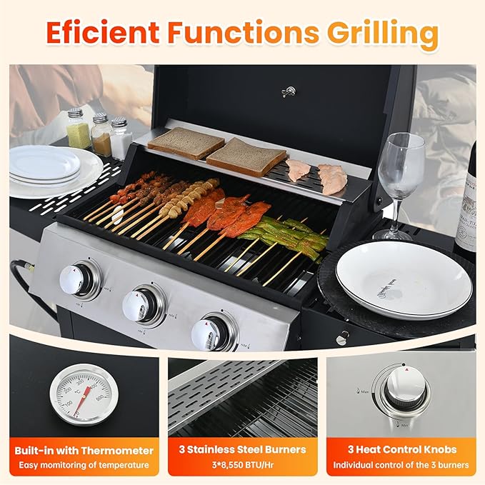 3-Burner Propane Gas BBQ Grill, Porcelain-Enameled Cast Iron Grates and 2 Foldable Side Tables, 25,650 BTU Stainless Steel Grill for Outdoor Camping Barbecue Grilling Backyard Cooking