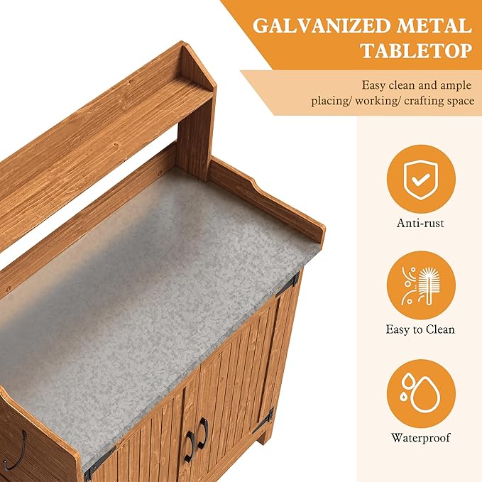 Outdoor Potting Bench with Storage, Wooden Garden Potting Table with Metal Tabletop and Removable Shelf, Potting Work Bench Station for Garden, Patio, Backyard