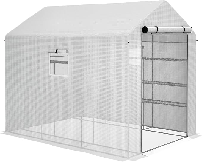 Outsunny 8' x 6' x 7' Walk-in Greenhouse with Mesh Door and Windows, 18 Shelf Green House with Trellis, Plant Labels, UV Protective for Growing Flowers, Herbs, Vegetables, Saplings, White