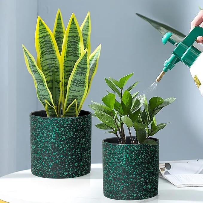 12/10/8 inch Large Deep Plant Pots for Outdoor Indoor Plants, 3 Pack Tall Cylinder Flower Pots, Plastic Planters with Drainage Holes and Saucers for Garden House, Black with Green Speckles