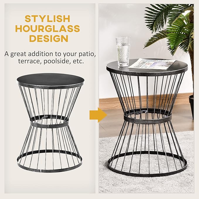 Outsunny 16" Steel Patio Side Table, Garden End Table with Hourglass Design, Accent Table for Outdoor and Indoor Use, Distressed Black