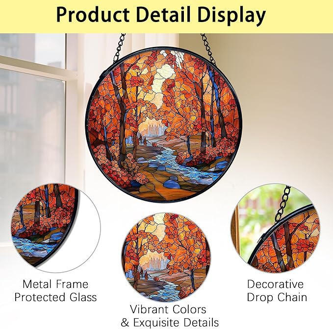 TNUW Fall Autumn Stained Glass Window Hanging, Rustic Autumn Forest Landscape Sun Catchers Indoor Window Glass Round Wall Art Decor, Fall Wall Hanging Decorations, 7.9＂x7.9＂