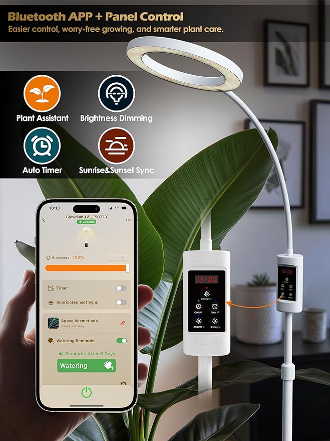 Smart Grow Lights for Indoor Plants,24W Plant Light with Auto-Timer,Full Spectrum LED Grow Light, Adjustable Height & Stepless Dimming,Plant Assistant Suitable for Most Plants (White, 24W)