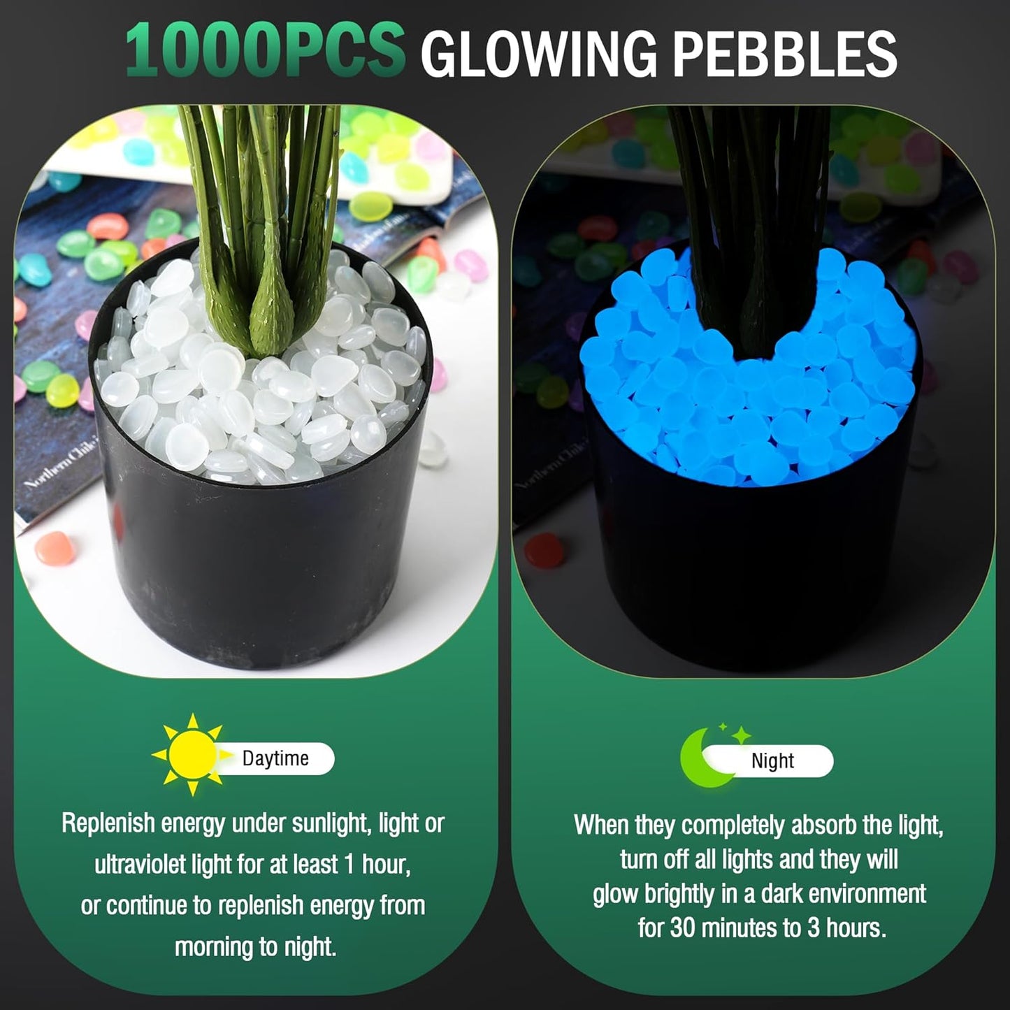 Glow in The Dark Rocks Outdoor Decorative Stones, 1000 PCS White Glows Blue Small Luminous Pebbles for Garden Walkway Fish Tank Aquarium Planter Vase Filler