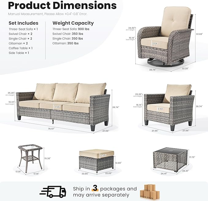 ovios 9 Pieces Patio Furniture Set, Outdoor Wicker Sofa Couch with Rocking Swivel Chairs Solar Lights Table, Modern Deep Seat Rattan Conversation Sets for Porch Deck, Beige