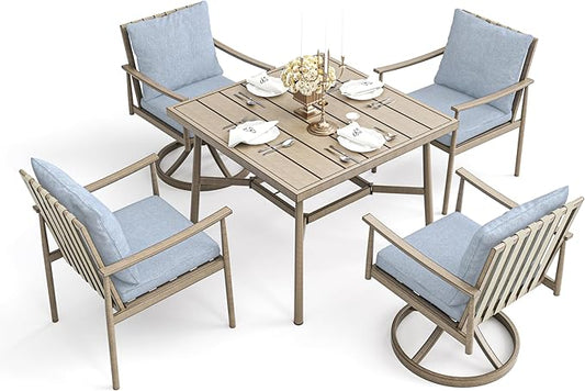 HAPPATIO 5-Piece Outdoor Dining Set for 4, Aluminum Patio Dining Set Includes 1 Large Square Table with Umbrella Hole, 2 Swivel Dining Chairs, and 2 Dining Chairs, for Lawn, Porch, Backyard (Brown)