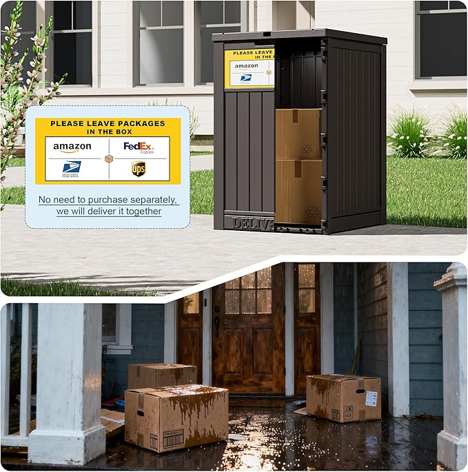 49 Gallon Package Delivery Boxes for Outside, Outside Storage Box Waterproof with Sign, Lockable Storage Box, Large Double-Walled Resin Weatherproof Deck Box for Porch and Patio, Brown
