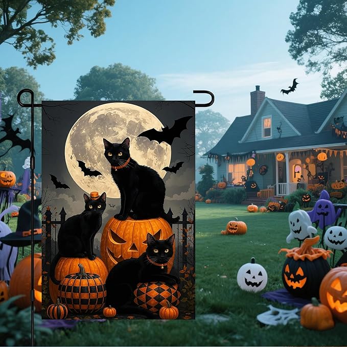 IVN Spooky Halloween Garden Flag 12x18 Inch Double Sided Black Cat Witch Pumpkin Jack O’ Lantern Gothic Outdoor Fall Yard Flag for Outside Home Front Door Lawn Porch Patio Welcome Decor