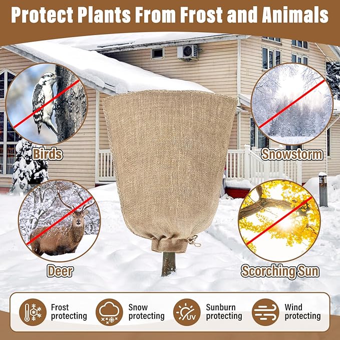 Riare 4 Packs 40 × 47 Inch Burlap Winter Plant Cover Bags with Drawstring- Reusable Large Burlap Sack Plant Frost Protector, Plant Frost Cloth Cold Tree Freeze Blanket for Outdoor Plants Fruit Shrubs