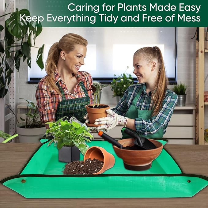 Repotting Mat for Indoor Plant Transplanting - 39.5'' x 31.5'' Planting Mat Soil Mess Control, Portable Succulent Planting Potting Tray Waterproof Gardening Tools (Pale Green)