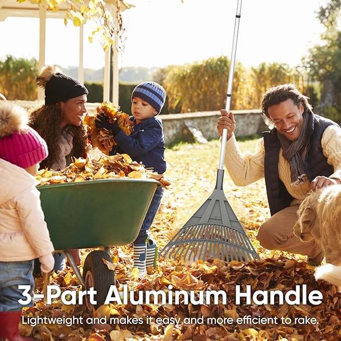 Superio Adult Rake with 3-Part Aluminum Handle, Durable Plastic Head to Sweep Leaves in Lawn and Tidying Up The Garden, 61"