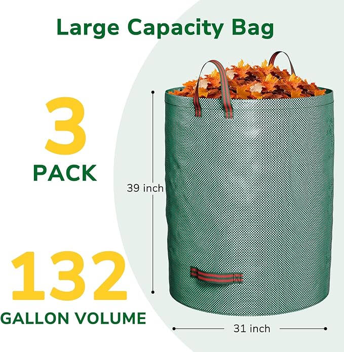 GreatBuddy 132 Gallon Reusable Yard Waste Bag, Heavy Duty, Upright Lawn Bags with 4 Reinforced Handles for Garden Leaves and Waste Collection, Lightweight (3 pack)