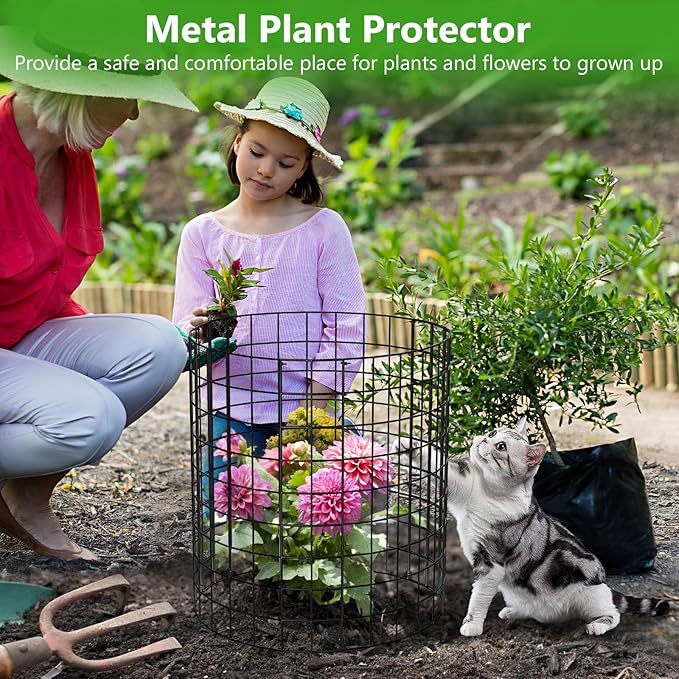 Metal Plant Protector from Animals, 15 Pcs 13'' x 13'' Sturdy Plant Cages with Matching Ground Spikes and Nylon Ties, Keep Animals Out for Plants, Shrubs, Vegetables and Flowers (Black 2)