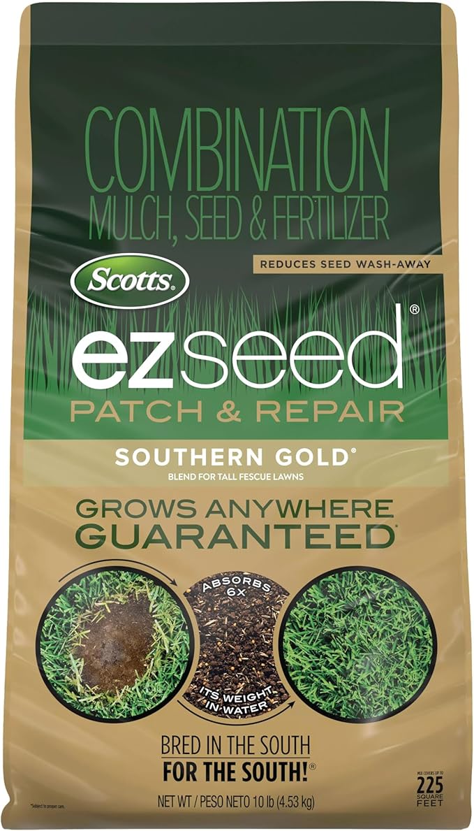 Scotts EZ Seed Patch & Repair Southern Gold Blend for Tall Fescue Lawns, Mulch, Grass Seed and Fertilizer for Bare Spots and Repair, Bred for The South, 10 lbs.