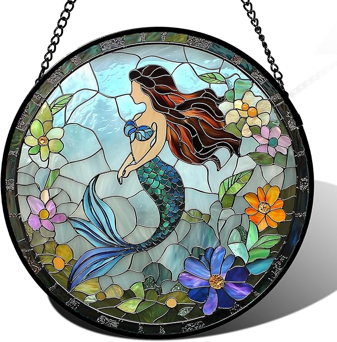 Stained Glass Window Hanging - Light Blue Mermaid Suncatcher for Door Terrace Garden Home Decor, Ocean Flowers Sun Catcher Birthday Gifts for Lovers Women Men Dad Mom Nana 9.8 in