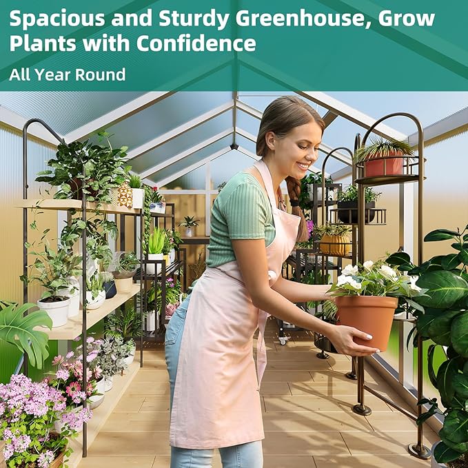 Garvee 6x10 FT Greenhouse - Aluminum Greenhouses for Outdoors, Large Polycarbonate Greenhouse with Roof Vent, Heavy Duty Walk-in Green Houses for Outside Garden, Backyard, Patio, Lawn, Easy Assembly