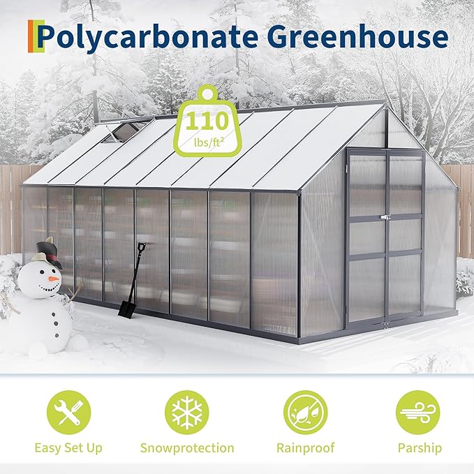 Greenhouses for Outdoors, Polycarbonate Greenhouse with Quick Setup Structure & Roof Vent, Heavy Duty Frame Walk-in Green Houses for Outside Garden Backyard