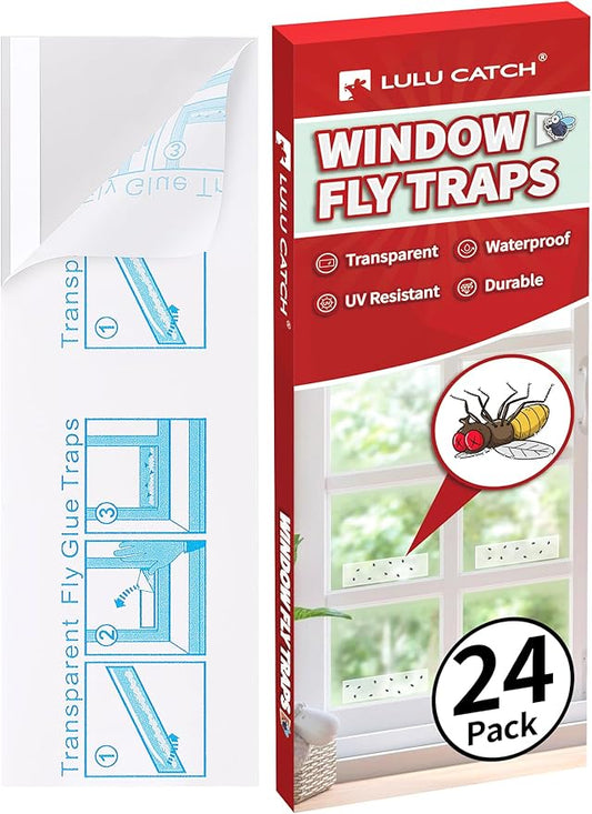 LULUCATCH Window Fly Traps, 24 Pack Fruit Fly Traps for Indoors, Sticky Gnat Traps Fly Catcher, Non-Toxic Flying Insect Trap, Pet Safe Pest Control for Home, Kitchen & Garage