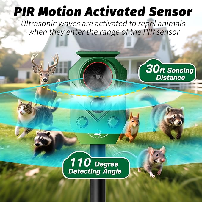 Solar-Powered Ultrasonic Animal Repellent with Motion Sensor, Waterproof Deer Repellent Device with LED Flashing Lights, Perfect for Outdoor Yards, Effective to Repel Deer, Coyotes, Raccoons, and Cats