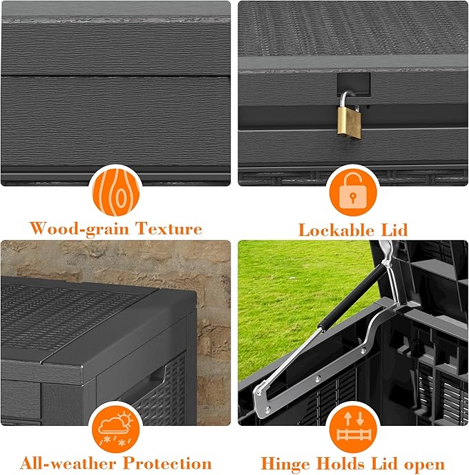 100 Gallon Resin Deck Storage Boxes Outdoor Waterproof, Lockable Outdoor Storage Container for Patio Cushions, Garden Tools, Pool Accessories, Black