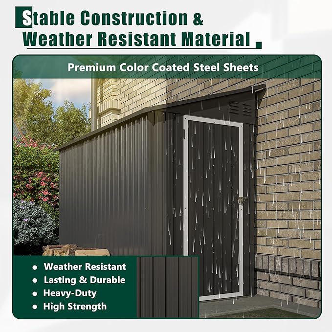 4×8 FT Outdoor Metal Storage Shed,Heavy-Duty Lean to Storage Shed with Floor Base,Garden Tool Metal Storage House W/Lockable Door and 2 Air Vents,Weather Resistant,for Backyard,Patio,Lawn,Black