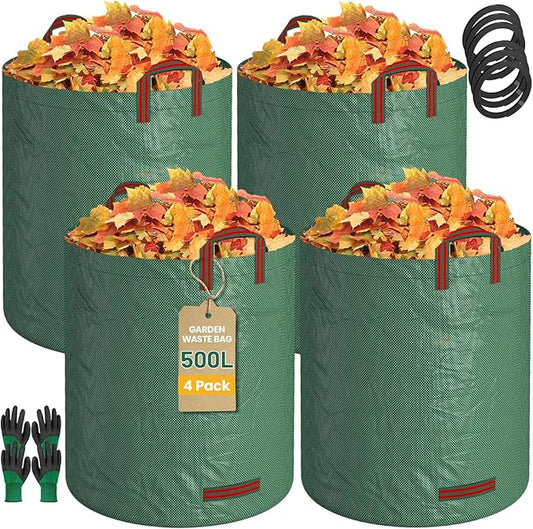 EsLuker.ly 4 Pack Garden Lawn Leaf Waste Bags, 132 Gallons Reusable Yard Litter Bag with 2 Pairs Gardening Gloves, Heavy Duty Trash Containers with Handles for Outdoor Cleanup, Ideal for Homeowners