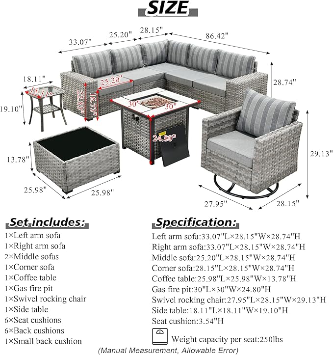 HOOOWOOO 9 Piece Modular Patio Outdoor Sectional Furniture Set with Gas Propane Fire Pit Table,Wicker Conversation Sofa Set with Swivel Chairs,Outside Couch Set(Grey Stripes)