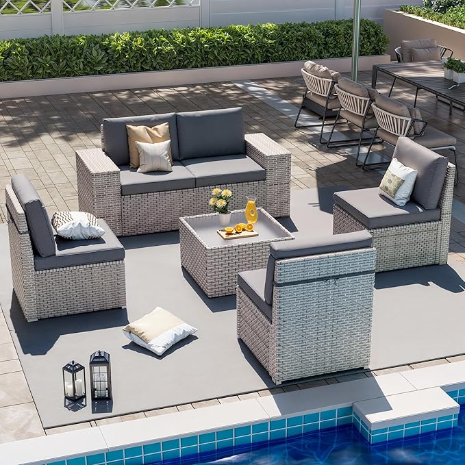 6 Pieces Patio Furniture Set, Outdoor Sectional Wicker Sofa with Thickened Cushions and Coffee Table, High Back Rattan Patio Conversation Sets for Garden Backyard, Grey