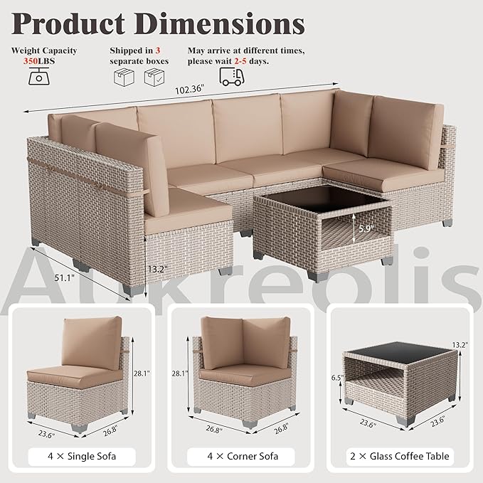 10 Pieces Patio Furniture Set, Outdoor Sectional Wicker Sofa with Thick Cushions and Storage Coffee Table, Rattan Patio Conversation Sets for Deck Yard Poolside, Khaki