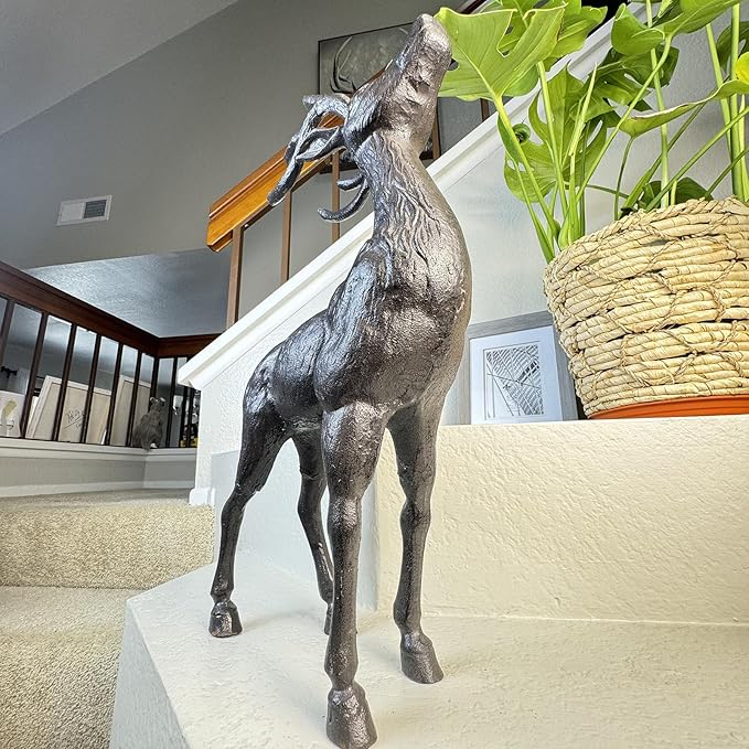 Cast Iron Deer Statue（22" Tall）, Realistic Large Antler Sculpture, Outdoor Garden Decor for Lawn Patio Yard, Indoor Home Art Figure HC5691