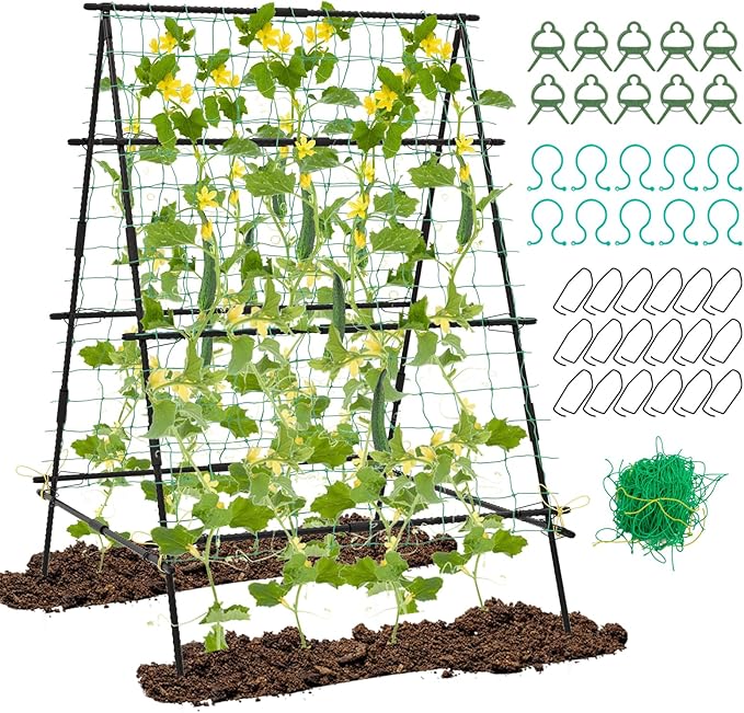 Garden Trellis for Climbing Plants Outdoor, A Frame Plant Trellis with Climbing Net, Coated Metal Poles, Twisted & Clips, Grape Trellis Plant Support for Vines, Vegetables, Fruit & Flower