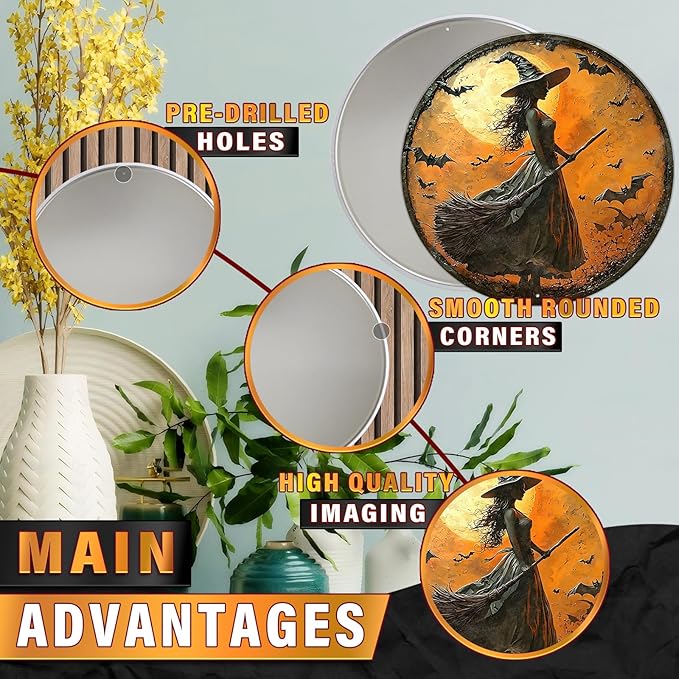 PEACHGARDEN Round 2D Halloween Witch Vintage Sign Halloween Witch Broom Metal Tin Sign for Home Bar Kitchen Hotel Dining Room Coffee 12x12inch