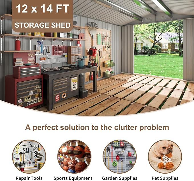 Polar Aurora 12x14 FT Outdoor Storage Shed, Garden Shed with Updated Frame Structure and Lockable Doors, Metal Tool Sheds for Backyard Garden Patio Lawn, White