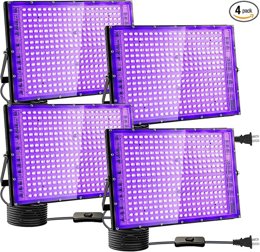 4 Pack 300W Black Lights, Blacklight Flood Light with Plug and Switch,for Glow Party, Black Light Party, Halloween, Body Paint, Neon Glow, Stage Lighting, Fluorescent Poster