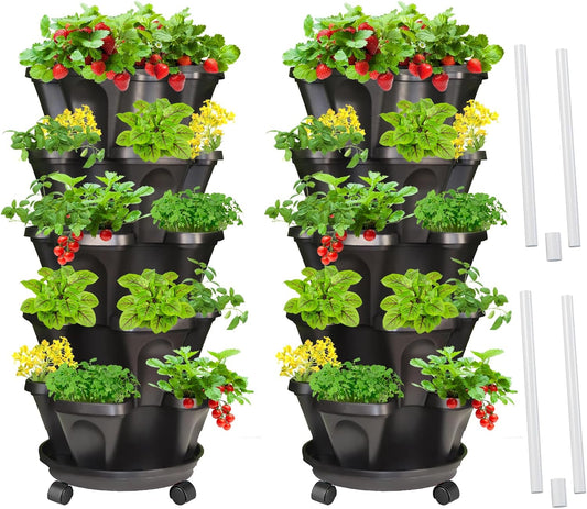 Strawberry Vertical Planters 2 Pack, 5 Tiered Stacking Tower Garden with Support Pole, Stackable Herb Vegetable Planters Indoor Outdoor Black