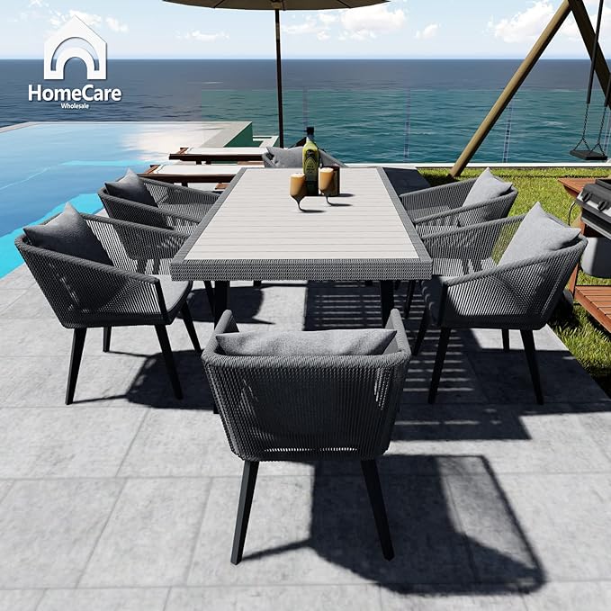 7 Pieces Patio Dining Set for 6 - All Weather Outdoor Dining Sets, All in One Outdoor Table and Chairs, Wicker Outdoor Patio Furniture Sets with Cushions and Pillows, Grey