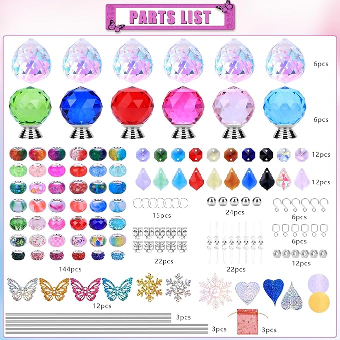 VICTLOV Crystal Suncatcher Making Kit, 340 Pieces with Beads, Snowflakes, Butterflies, Glass Balls for Garden Decoration, DIY Outdoor Hanging Ornaments (340Pcs Crystal Ball+Pendant)