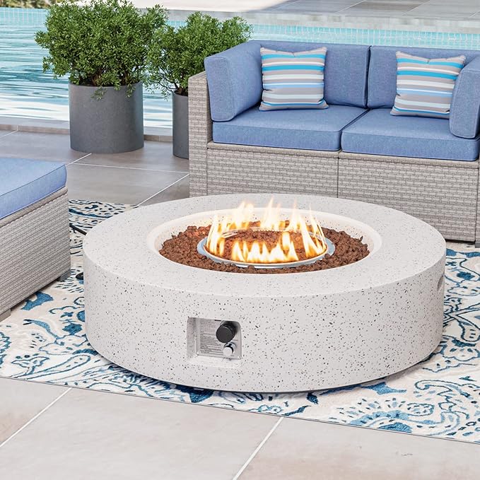 COSIEST 42 inch Outdoor Propane Fire Pit Coffee Table w Concrete Round Base Patio Heater, 50,000 BTU Stainless Steel Burner, Free Lava Rocks, Rain Cover