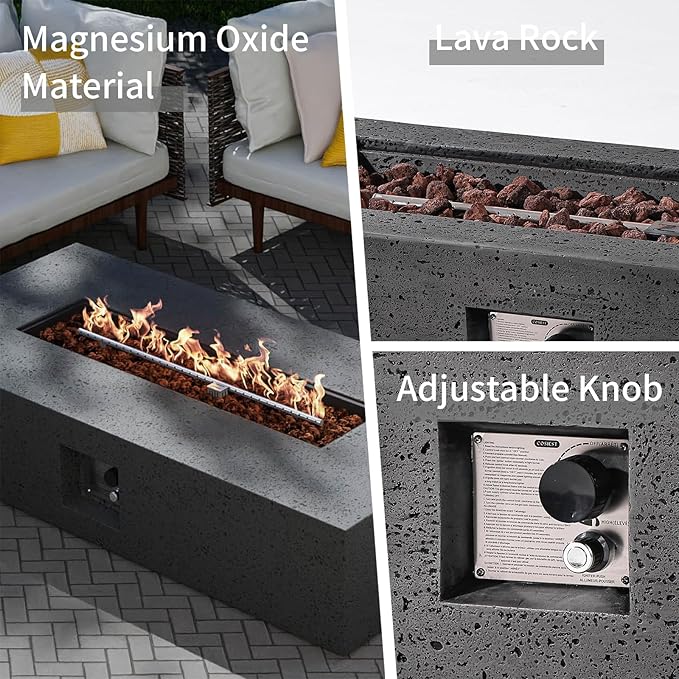 SUNBURY Outdoor Fire Pit, 56" Rectangle Propane Gas Patio Fire Table 50,000 BTU Concrete Travertine Design, CSA Certified, Low Firepit Table with Lava Rocks, Waterproof Cover (Grey)