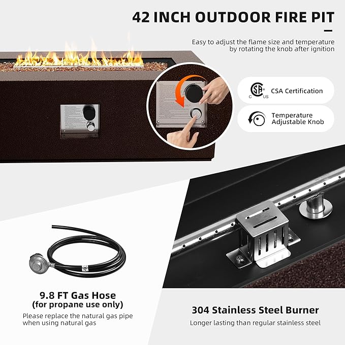 UPHA 42-inch Outdoor Propane Gas Fire Pit Table 50000 BTU Iron Rectangle Firepit for Outside Patio with Tank Hidden Table, Removable Lid, Gold Glass Rocks, Rain Cover, Brown